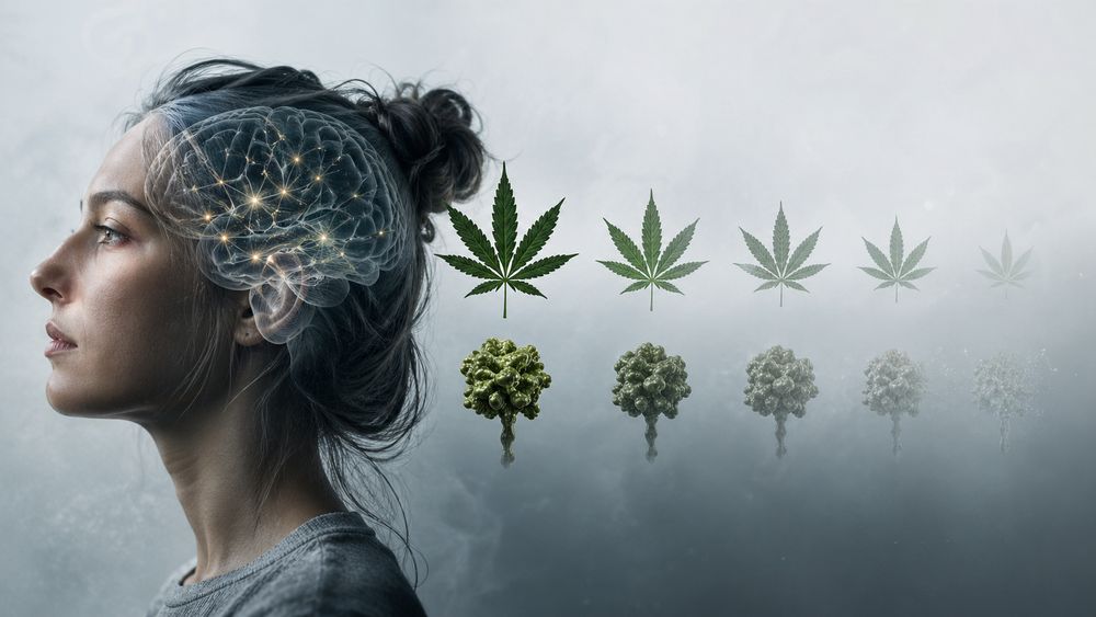 Profilaufnahme einer jungen Frau mit Gehirn-Overlay und einer Reihe Cannabis-Symbole, die schrittweise verblassen.