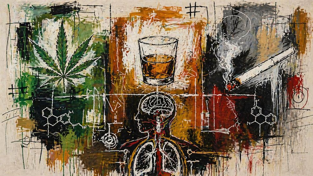 Künstlerische Darstellung mit Cannabisblatt, Whiskeyglas, Zigarette und einer männlichen Silhouette mit Gehirn-Overlay.