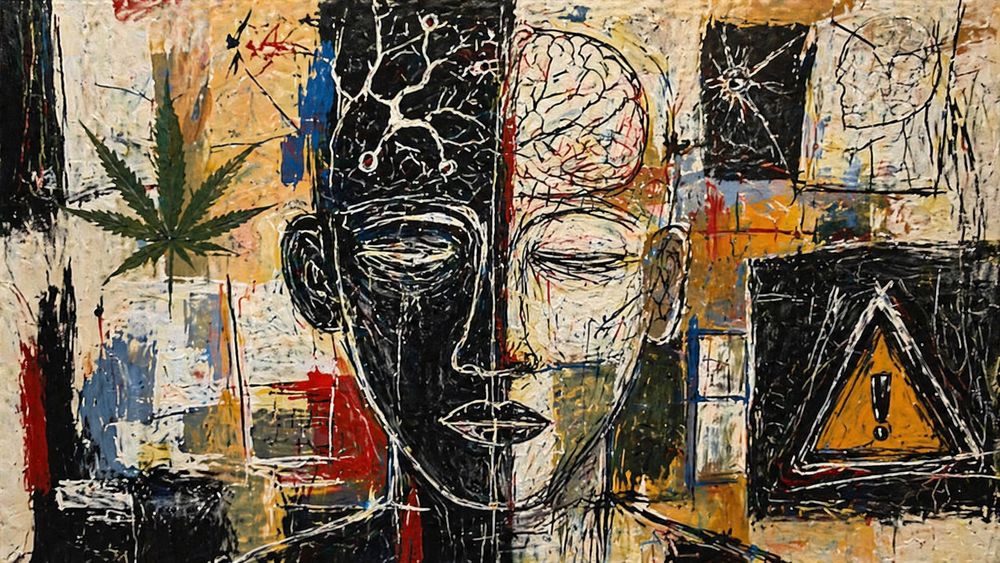 Künstlerisches Bild eines fragmentierten Gesichts mit Gehirn, Warnsymbol und Cannabisblatt im Basquiat-Stil.