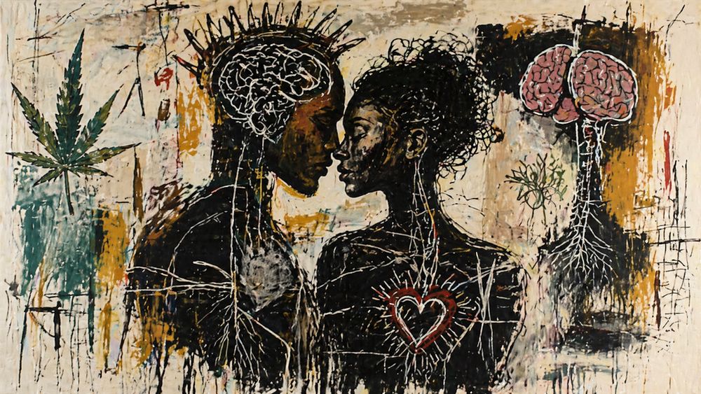Künstlerisches Bild zweier Silhouetten mit Herz-, Gehirn- und Cannabis-Symbolik im Basquiat-Stil.