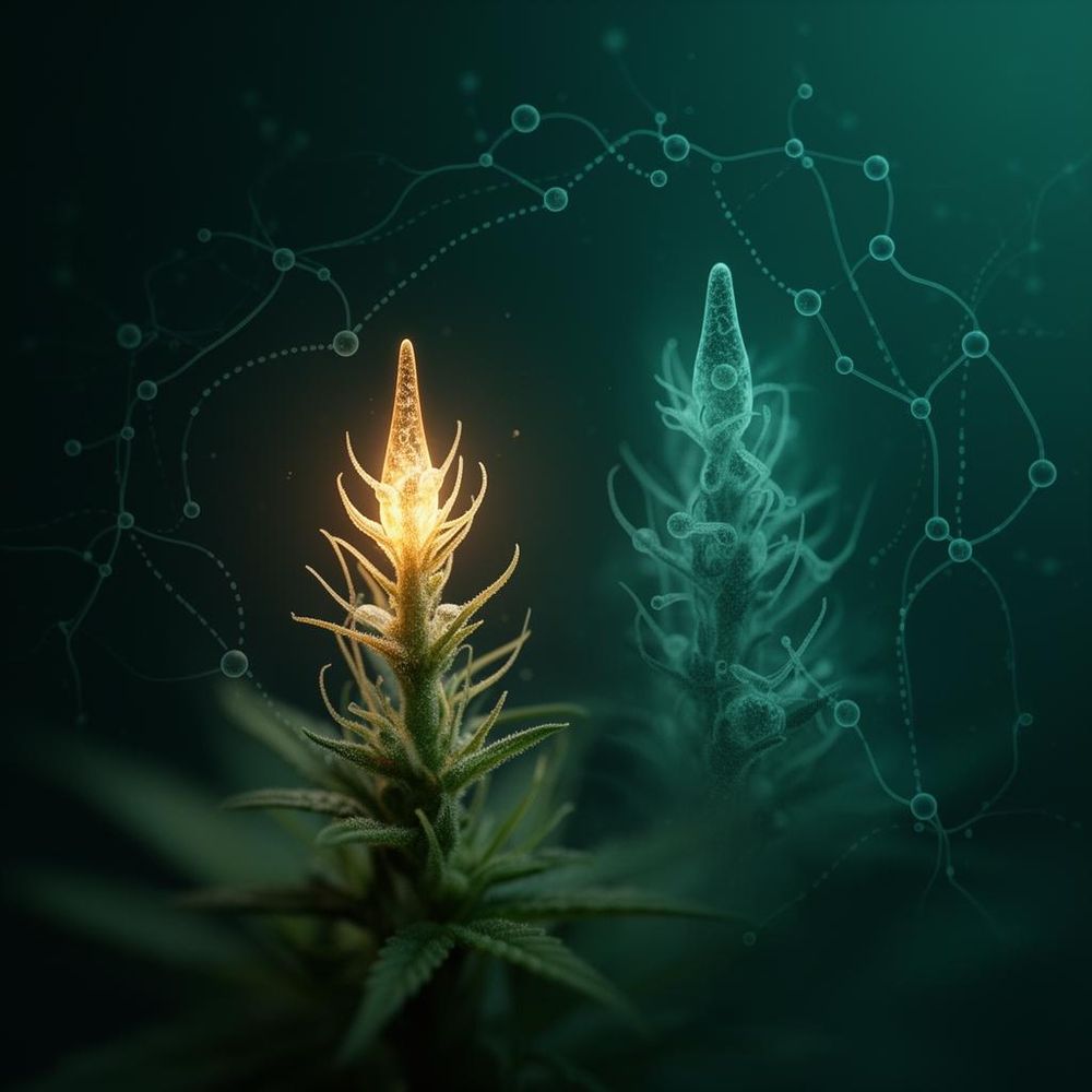 Profilaufnahme mit Gehirn und einer Reihe Cannabisblätter, deren Wirkung visuell nachlässt.