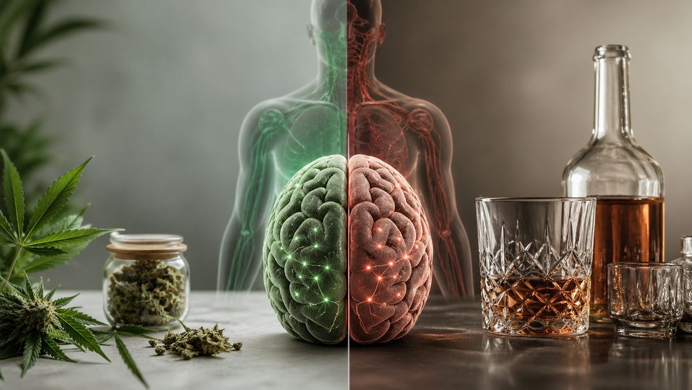 Realistisches Split-Bild mit Gehirn in der Mitte, Cannabis auf der einen und Alkohol auf der anderen Seite.