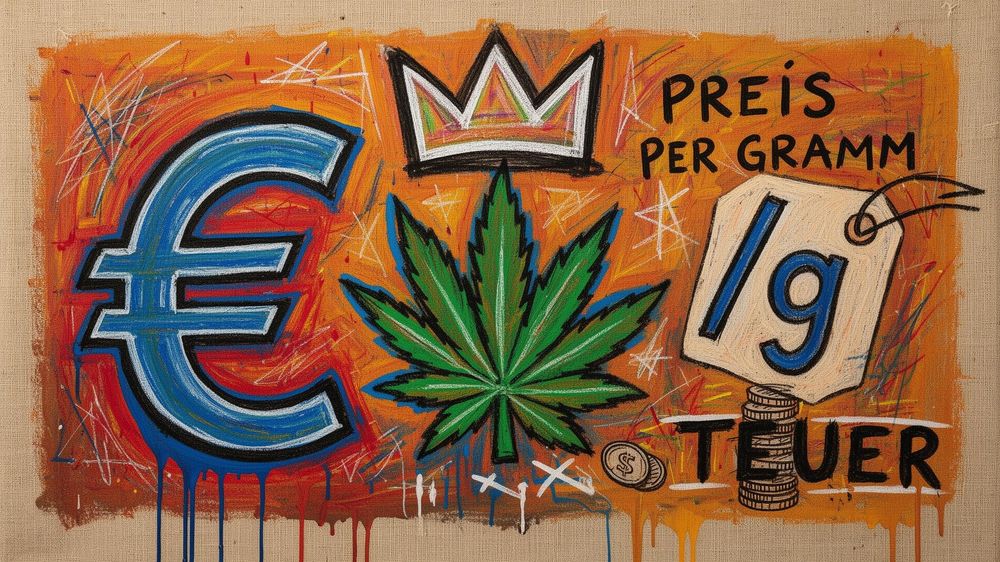 Mehrere Apothekergläser mit Cannabisblüten in Reihe.