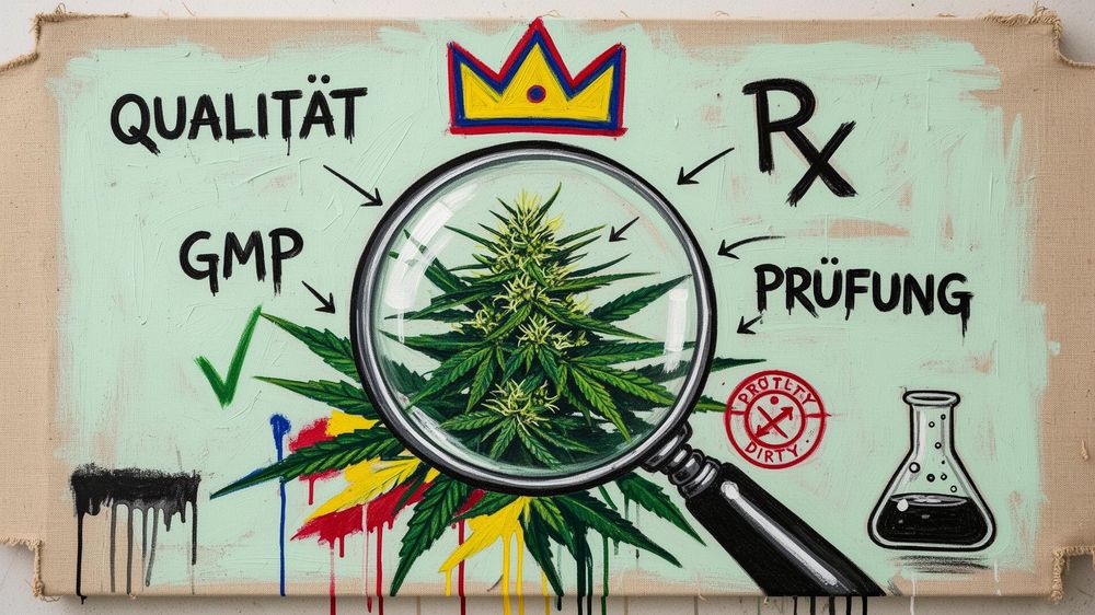 Apothekerin prüft ein verschlossenes Glas mit Cannabisblüten.