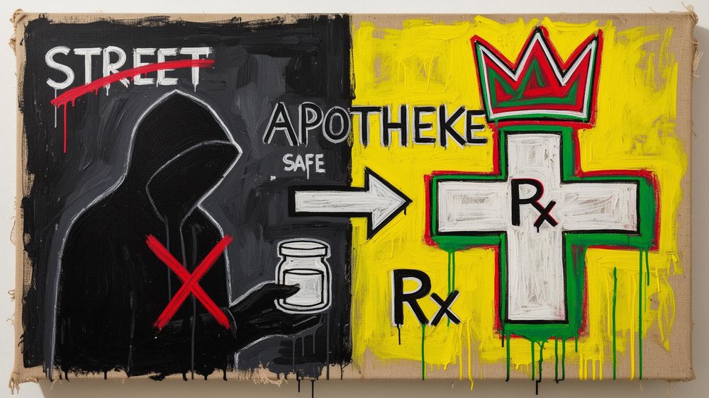 Vergleichssymbolik: kontrolliertes Apothekenregal vs. anonyme Tüte.