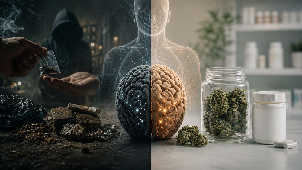 Split-Bild: links dunkle Schwarzmarktszene mit Hasch und Tüte, rechts kontrollierte Apothekenumgebung mit Cannabis im Glas und Medikamentendose – mit Gehirn-Symbolik in der Mitte.