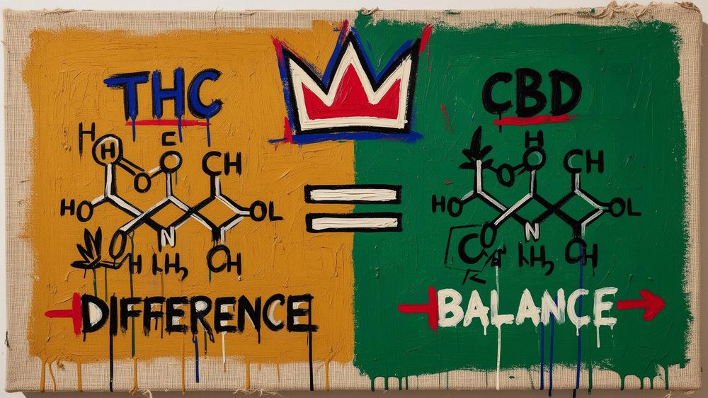 Vergleichsgrafik THC und CBD vor einer Cannabis-Pflanze.