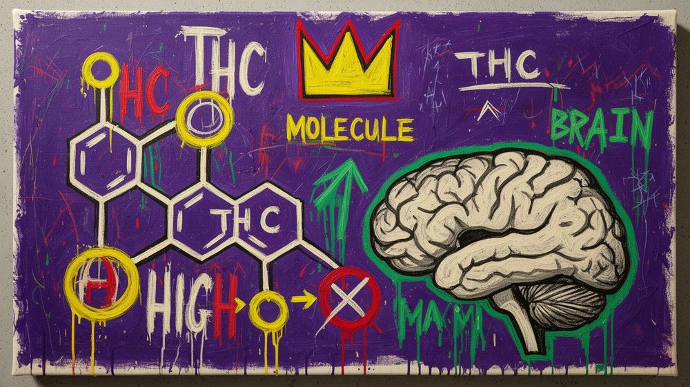 Schematische Darstellung des THC-Moleküls vor einer Cannabis-Blüte.