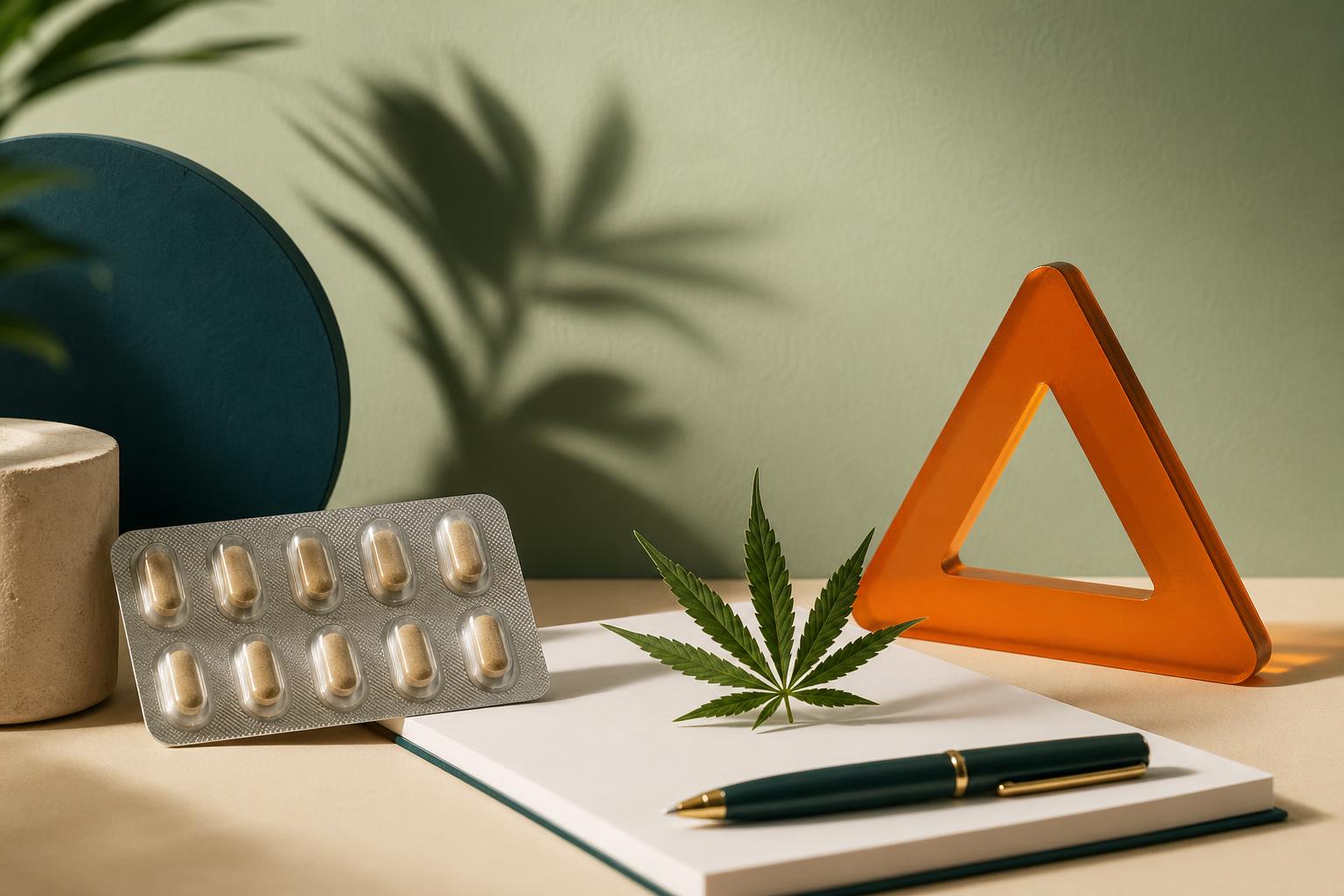 Tablettendose und Cannabisblüte auf einem Tisch im warmen Licht – Konzept Wechselwirkungen.