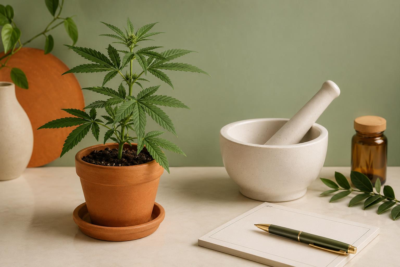 Cannabispflanze in einem Wohnraum vs. Apothekenglas mit Blüten – Konzept Eigenanbau und Apotheke.