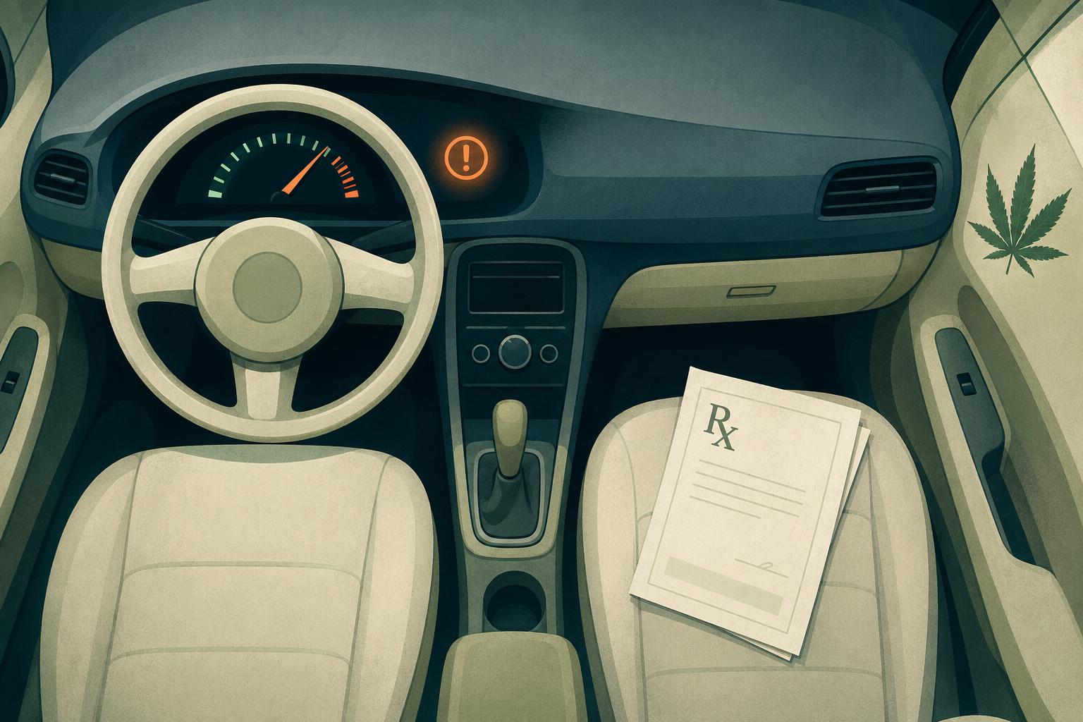 Auto im Tageslicht, Lenkrad und Tachometer im Fokus – Thema Cannabis und Straßenverkehr.