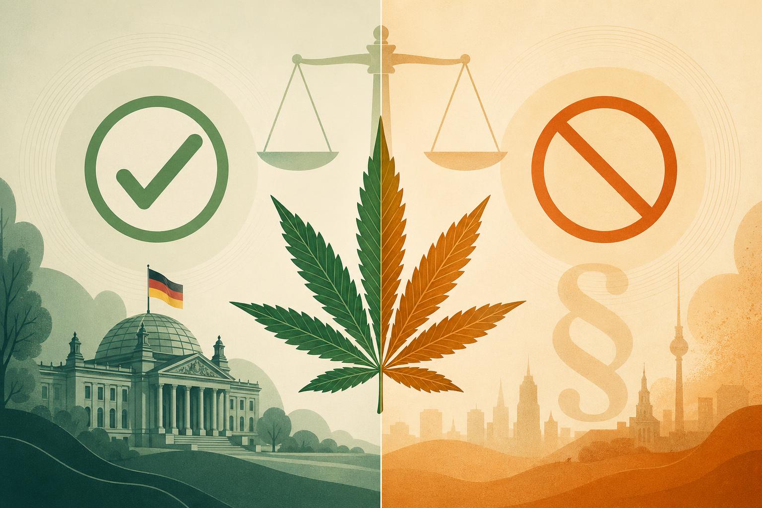 Symbolbild: Hand hält ein Paragrafenzeichen vor einem Cannabisblatt – Thema Recht und Legalisierung.