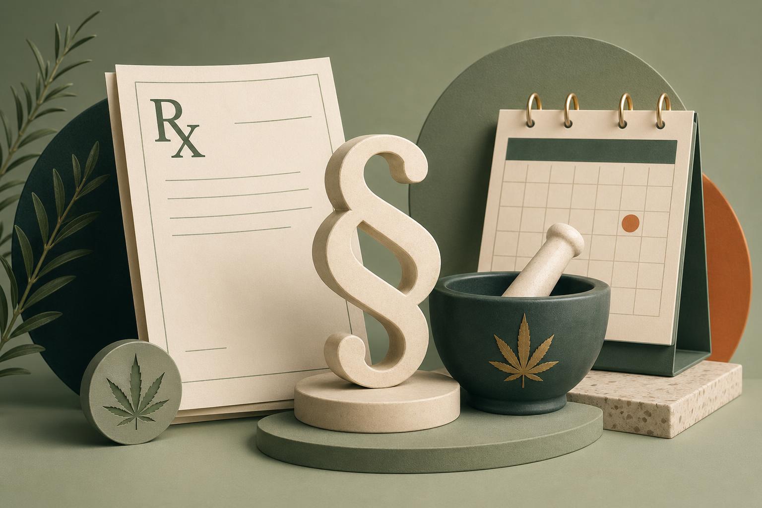 Aufgeschlagenes Gesetzbuch und Cannabisblatt im weichen Licht – Thema MedCanG.