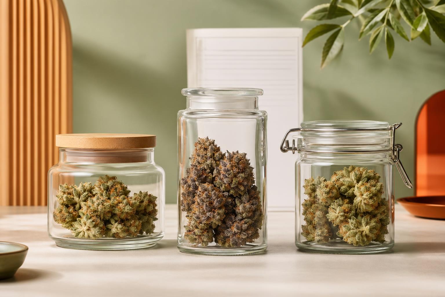Zwei Apothekendosen mit verschiedenen Cannabisblüten nebeneinander auf einem Tisch.