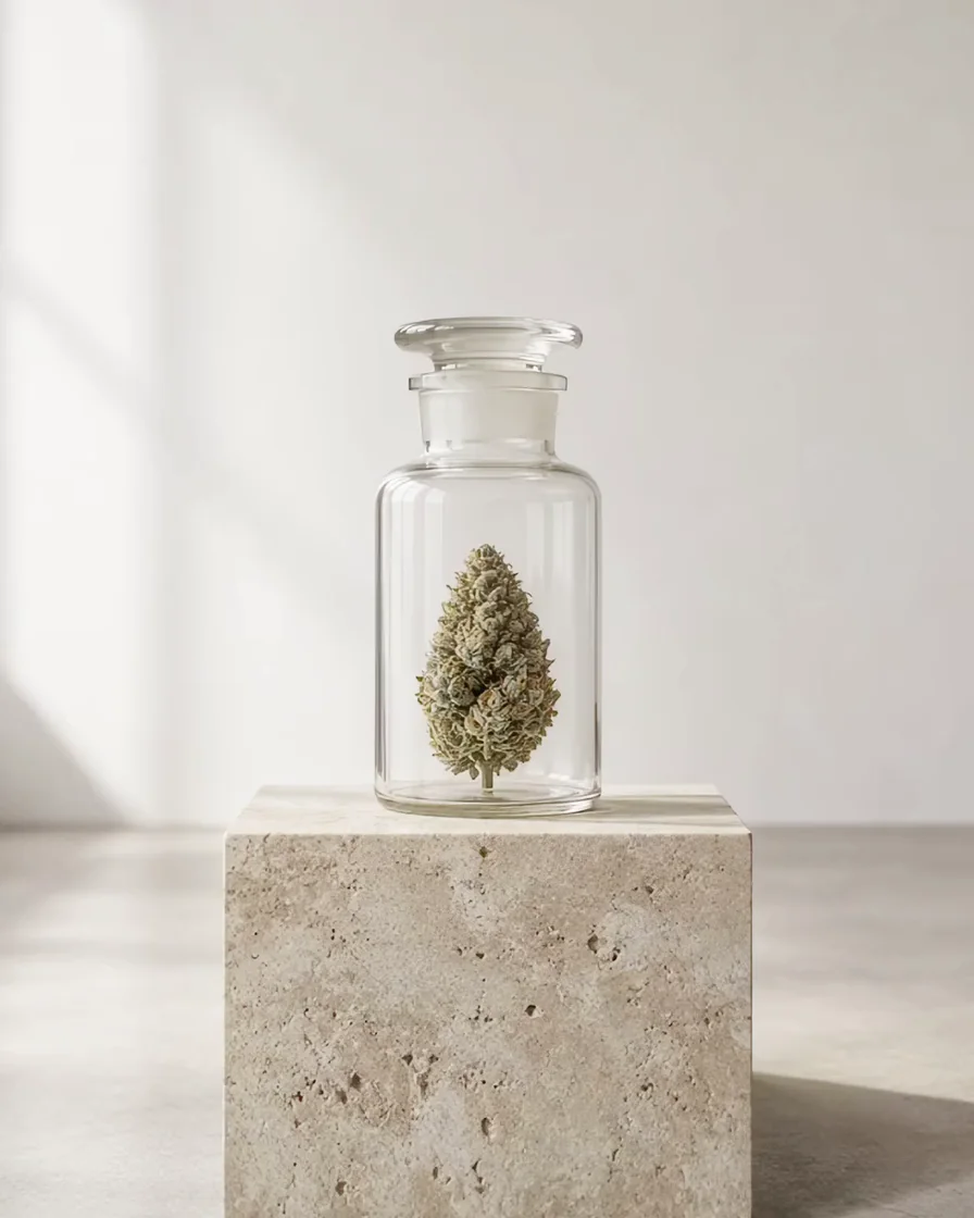 Apothekenglas mit Cannabisblüte auf einem Travertin-Sockel
