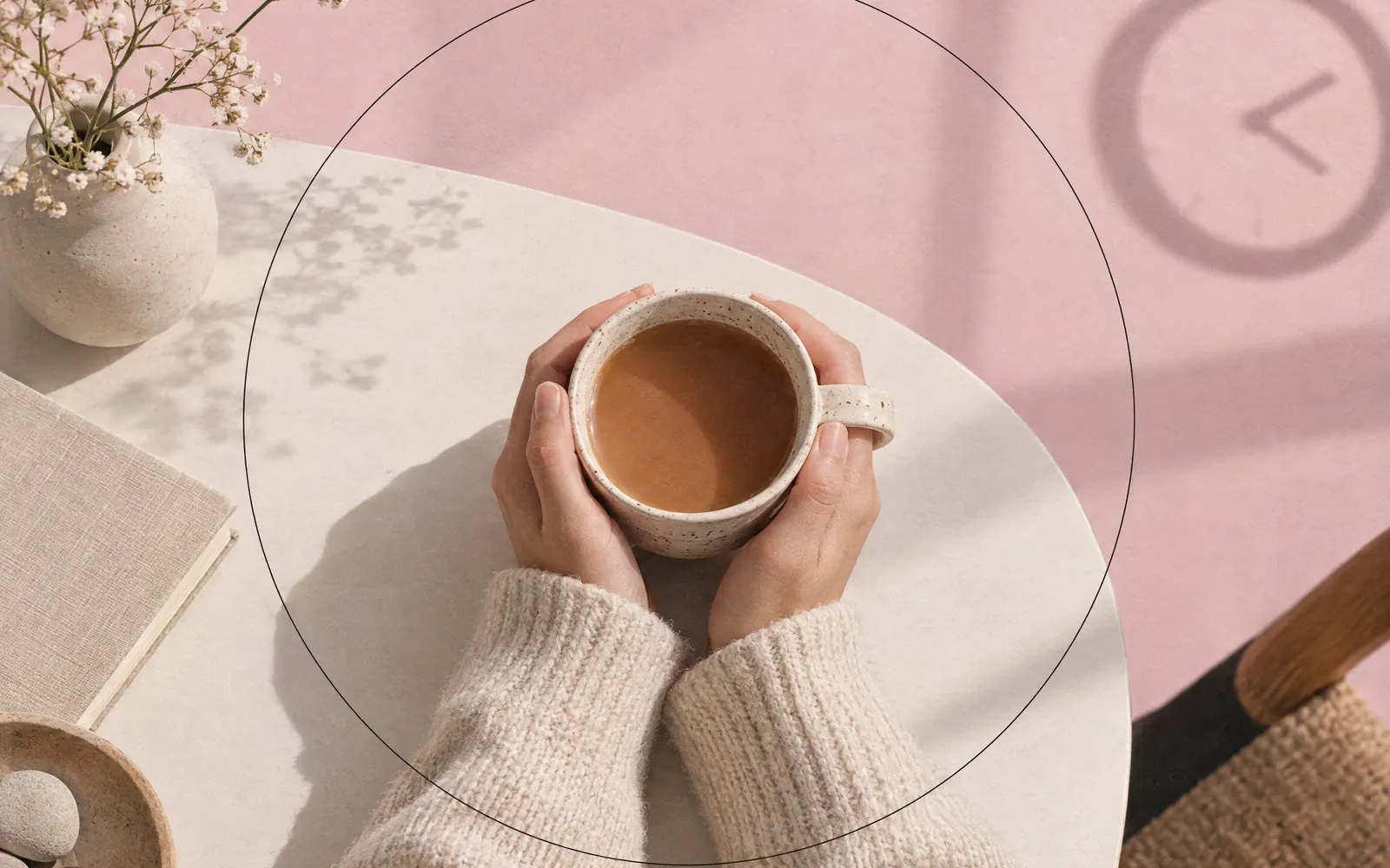Zwei Hände in Strickärmeln halten eine warme Tasse auf hellem Tisch.