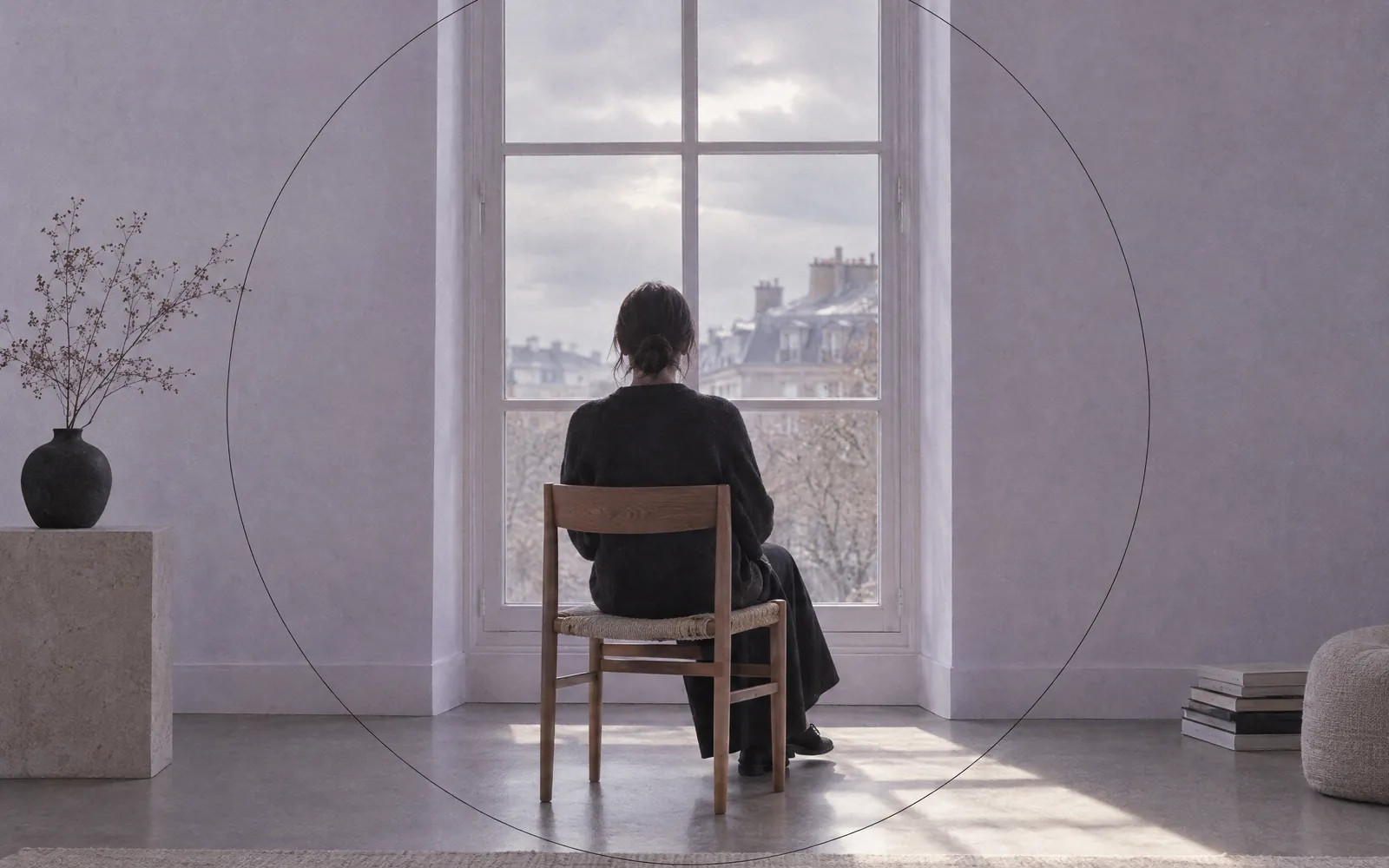 Eine Person von hinten am Fenster, ein Lichtfleck fällt auf den Boden.