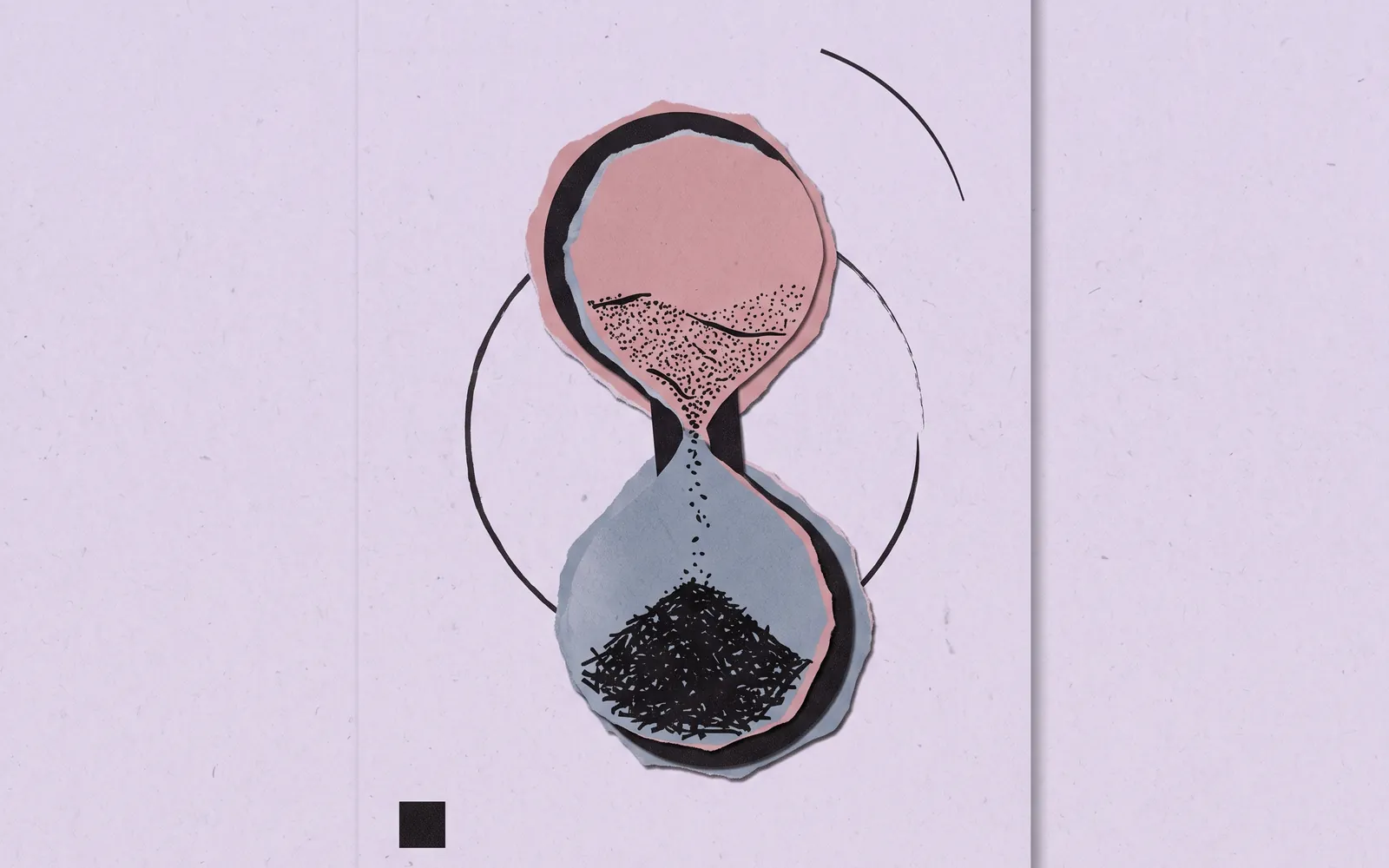 Collage: eine Sanduhr aus Papier, Sand rinnt nach unten.