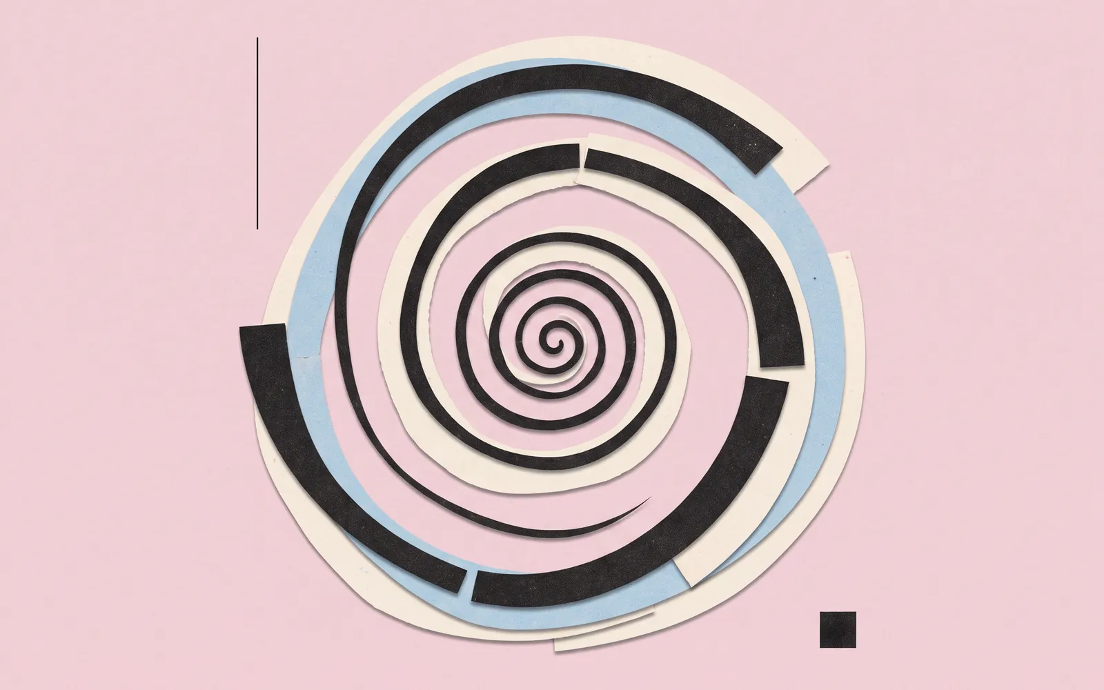 Collage: eine enge schwarze Spirale öffnet sich zu ruhigen Bögen.
