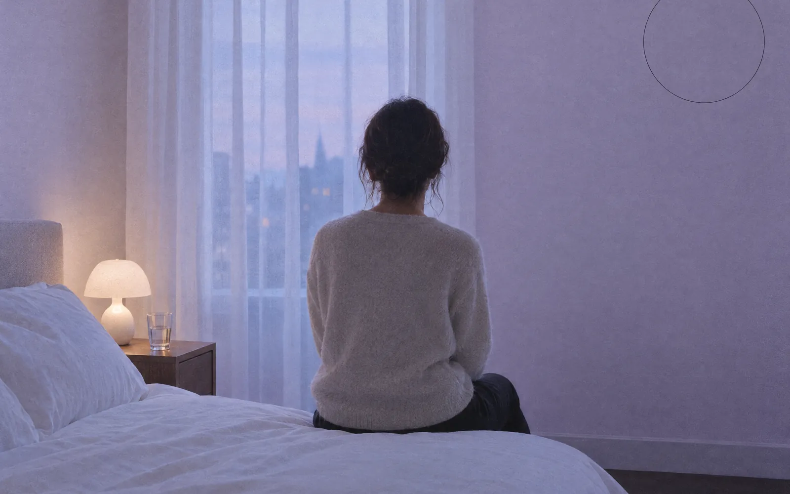 Eine Person sitzt von hinten auf der Bettkante und schaut in die Dämmerung, lavendelfarbenes Zimmer.
