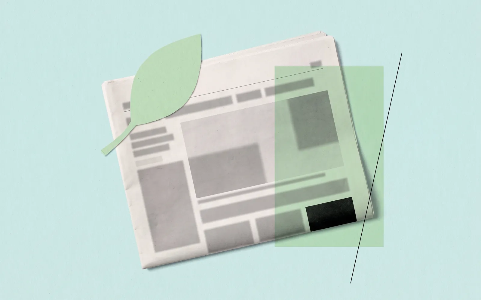 Papiercollage: gefaltete Zeitung mit einem grünen Blatt