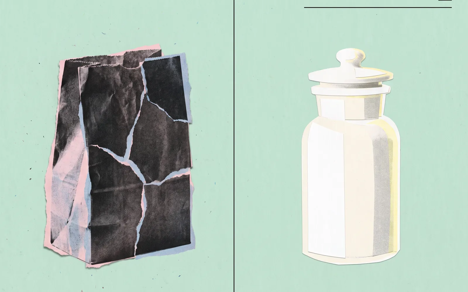 Collage: links eine zerknitterte graue Papiertüte, rechts ein sauberes Apothekenglas, getrennt durch eine Linie.