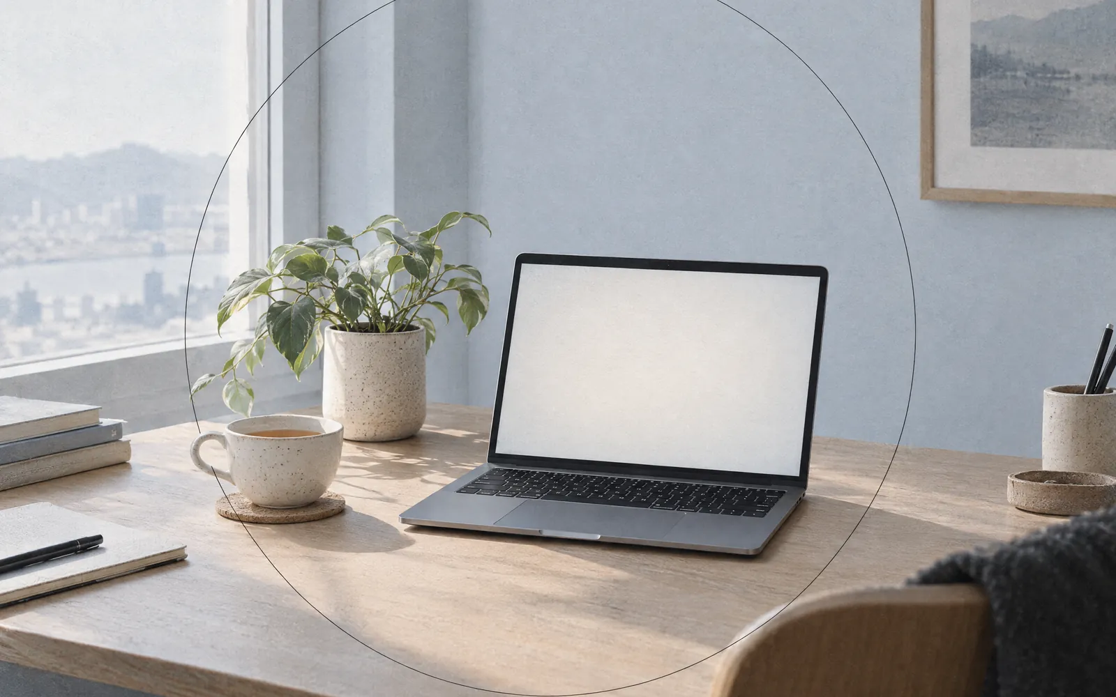 Aufgeklappter Laptop mit leerem Bildschirm, Tasse und Pflanze am Fenster.